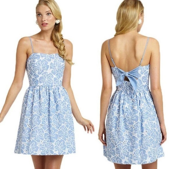 Lilly Pulitzer Bethany Tide Blue Hollar For A Dollar Chambray Eyelet Dress 6 - Picture 1 of 5